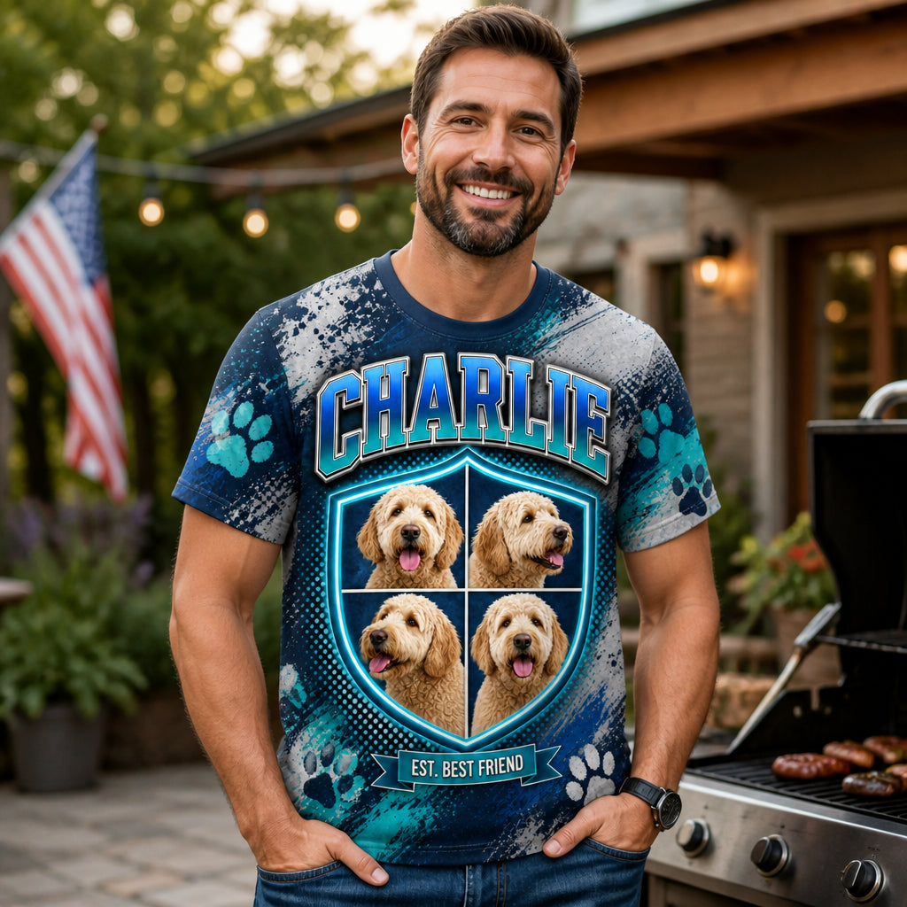 Custom Dog Name + 4-Photo Retro Crest Tee - Lifestyle 2