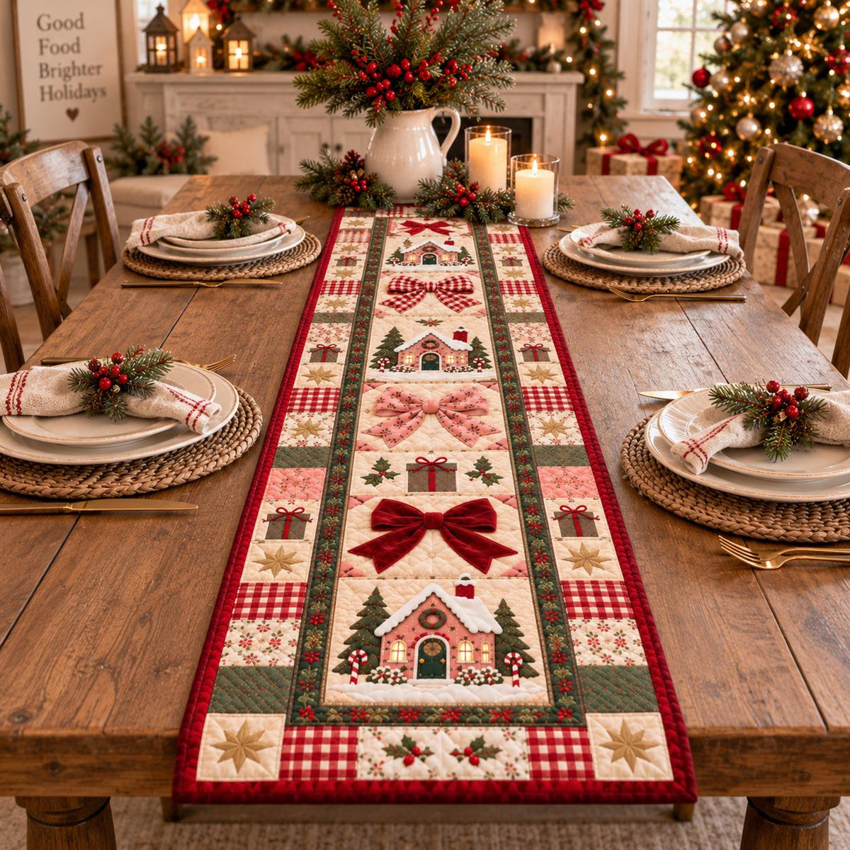 Christmas Quilt-Style Table Runner, Gingerbread House, Red Bow Holiday Decor ea1a0896-a92e-4ab3-a217-f862a661cb24-4.jpg