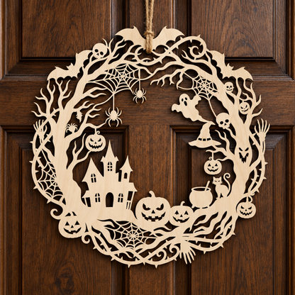 Haunted Hollow Halloween Wood Sign – Spooky Wood Sign Haunted House Wreath with Ghosts, Pumpkins & Bats, Gothic Front Door Decor ea27a347-38ba-4b86-97c5-5cd398ce9fea-6.png