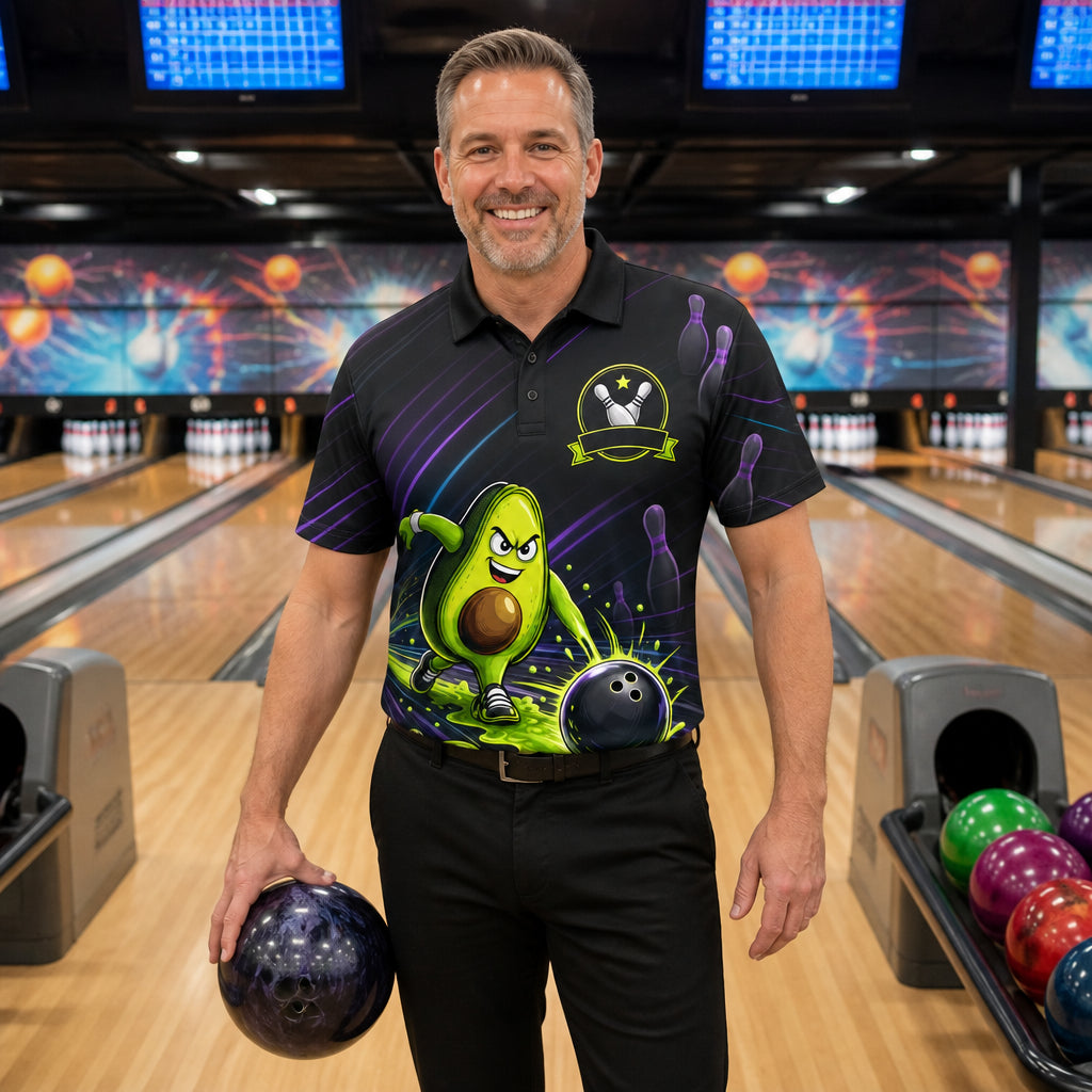 Personalized Neon Avocado Bowling Polo Shirt – Custom Name, All-Over Print