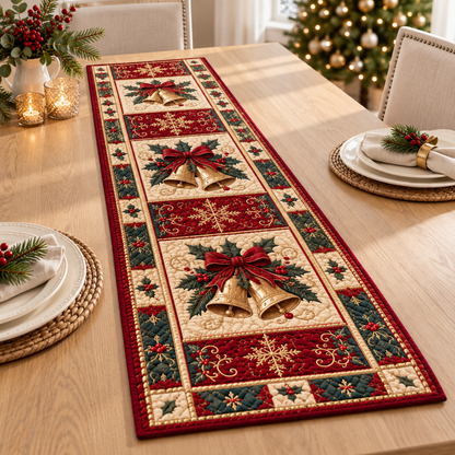 Christmas Quilt-Style Table Runner, Bells, Holly, Snowflake Holiday Decor ec37fdd3-47c4-4747-8a03-fcf89e9da675-banner-1.png