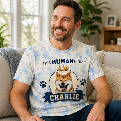 This Human Belongs To — Custom Pet Photo AOP Tee - Lifestyle 1