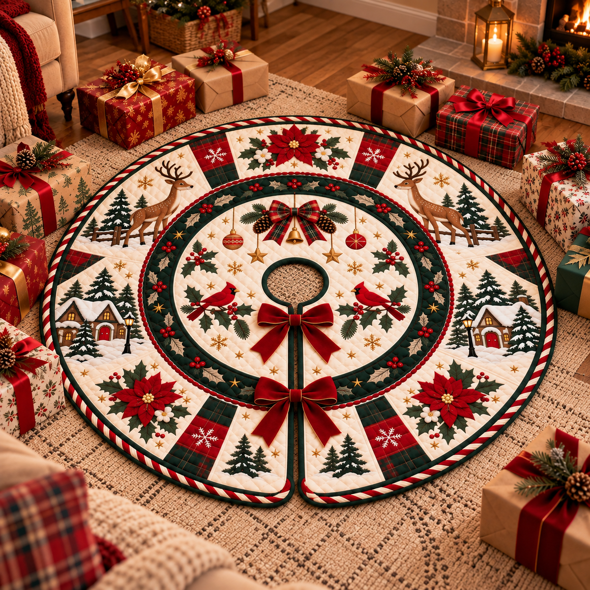 Quilted Christmas Tree Skirt, Reindeer Cardinal Tree Skirt, Poinsettia Winter Decor, Red Green Plaid Rustic Holiday Tree Mat ed56ac38-e7d6-49c1-9e52-35ece343f01e-banner-1.png