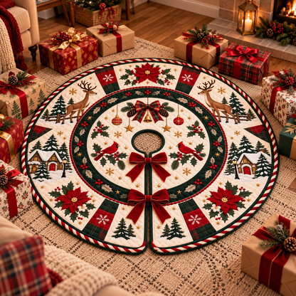Quilted Christmas Tree Skirt, Reindeer Cardinal Tree Skirt, Poinsettia Winter Decor, Red Green Plaid Rustic Holiday Tree Mat ed56ac38-e7d6-49c1-9e52-35ece343f01e-banner-1.png