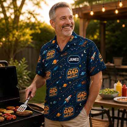 Best Dad in the Galaxy – Retro Space AOP Hawaiian Shirt (Personalized Name) - Lifestyle 2