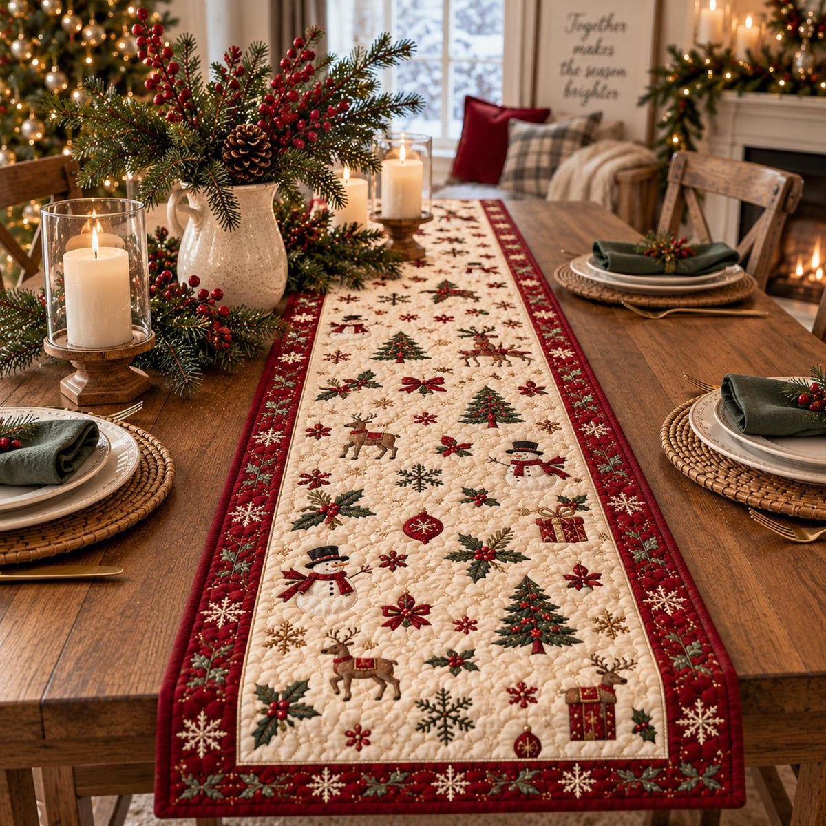 Christmas Quilt-Style Table Runner, Festive Snowman Reindeer Farmhouse Decor ee59a241-7348-4639-a656-87f5e443db76-2.jpg