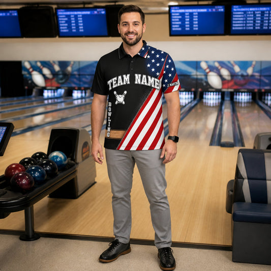 Personalized Stars, Stripes & Strikes Bowling Polo Shirt – Custom Name, All-Over Print