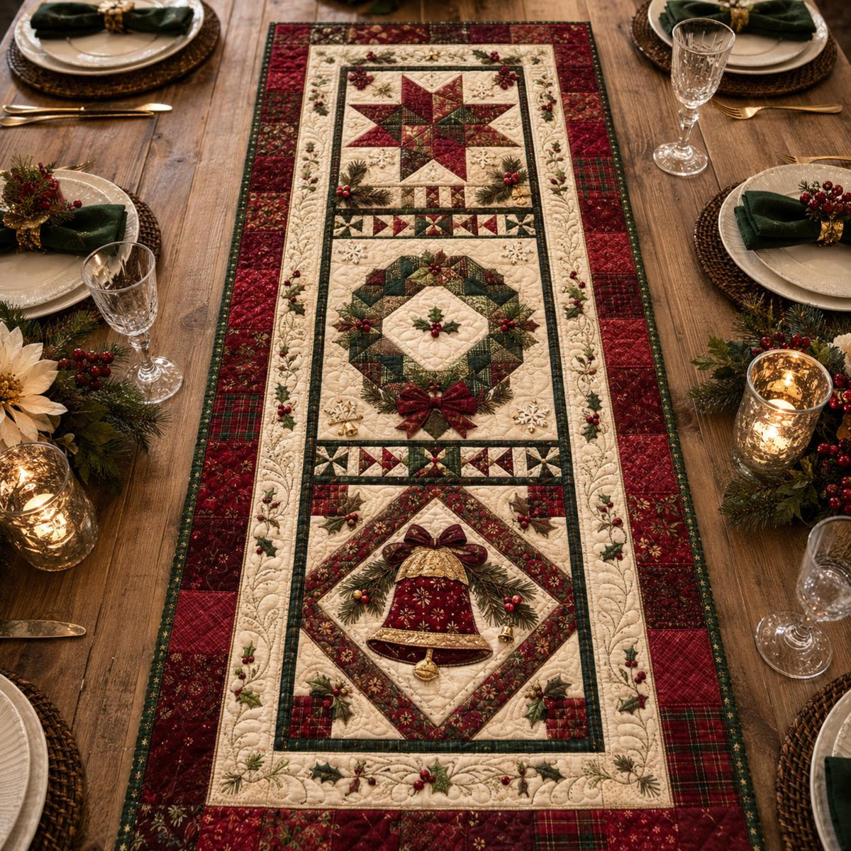 Quilted Christmas Patchwork Table Runner, Holiday Bell Decor ef8a6046-3354-4166-bfa4-97e5a835004a-1.jpg