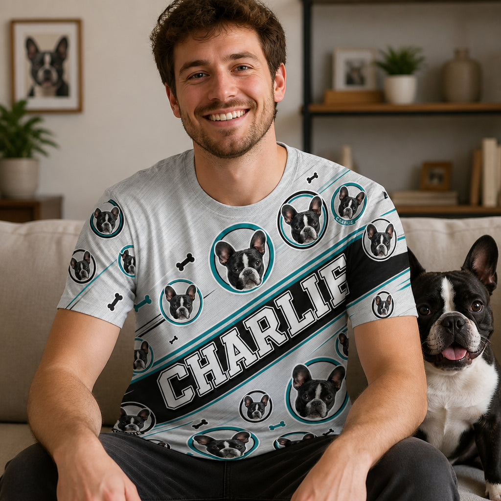 Custom Pet Face AOP Tee with Name Banner - Lifestyle 2