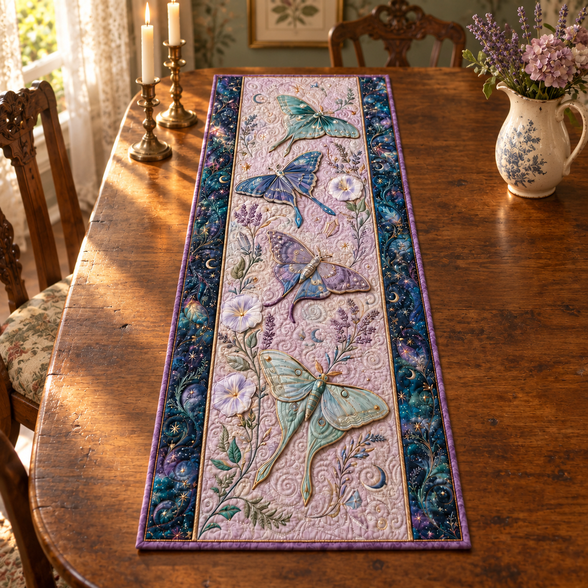 Quilted Luna Moth Table Runner, Celestial Botanical Decor, Asthetic Gift f1320684-7304-4b49-980d-6f95056af629-Vintage-English-cottage-table-with-moth-runner-4.png