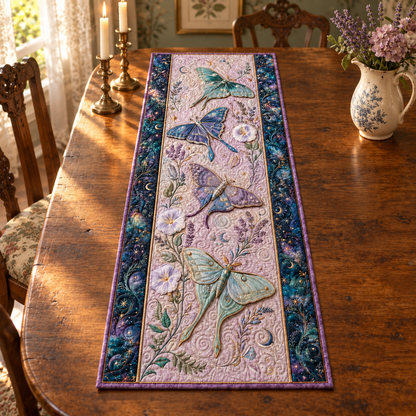 Quilted Luna Moth Table Runner, Celestial Botanical Decor, Asthetic Gift f1320684-7304-4b49-980d-6f95056af629-Vintage-English-cottage-table-with-moth-runner-4.png