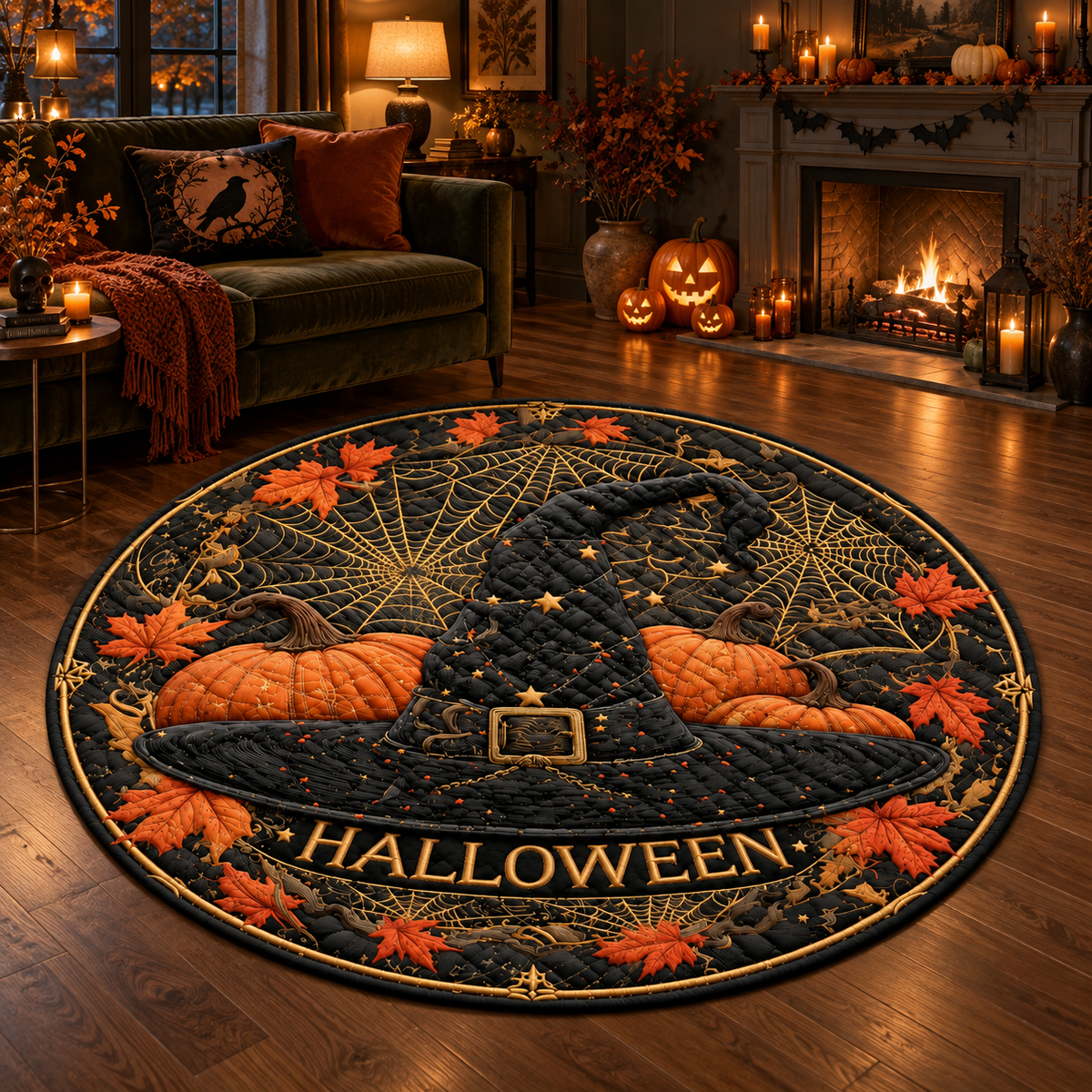 Round Halloween Rug with Witch Hat and Pumpkin Design, Gothic Autumn Home Decor Carpet, Spooky Fall Living Room Accent Floor Mat f35a570a-c4ee-4bc9-ac13-b263dd39ceab-banner-2.png