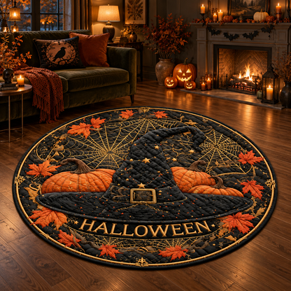 Round Halloween Rug with Witch Hat and Pumpkin Design, Gothic Autumn Home Decor Carpet, Spooky Fall Living Room Accent Floor Mat f35a570a-c4ee-4bc9-ac13-b263dd39ceab-banner-2.png