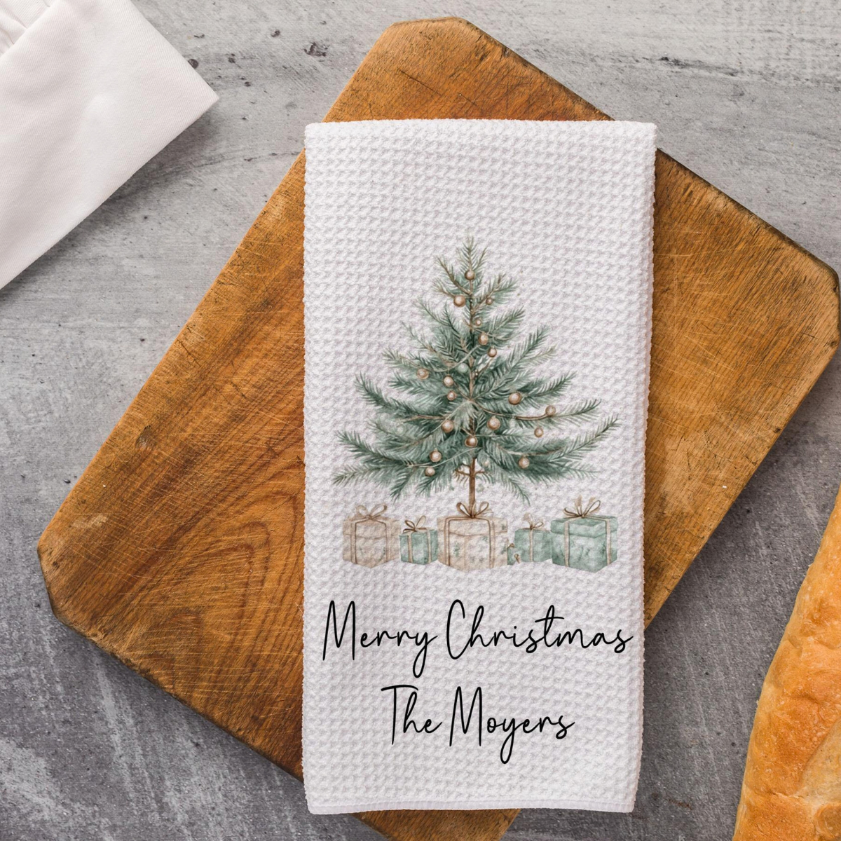 Personalized Christmas Tree Towel, Merry Christmas Waffle Weave Dish Towel, Holiday Tea Towel Kitchen Decoration, Gift for Newlyweds f36609d3-4fef-4949-ae31-d8170bb8d00a-2.png