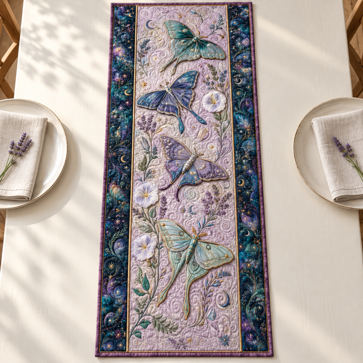 Quilted Luna Moth Table Runner, Celestial Botanical Decor, Asthetic Gift f3e5a27f-4eb7-4630-9981-0b042773c39b-Lavender-celestial-moth-table-runner-2.png