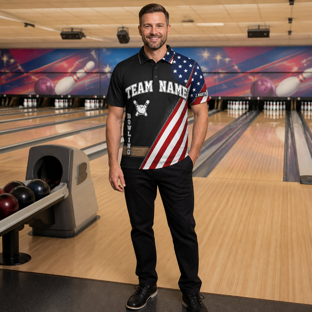Personalized Stars, Stripes & Strikes Bowling Polo Shirt – Custom Name, All-Over Print