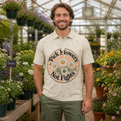 Pick Flowers Not Fights Retro Daisy Polo - Polo shirt - All over printed f832dc1f-8df7-47dc-8832-08fd0e8168a4.jpg