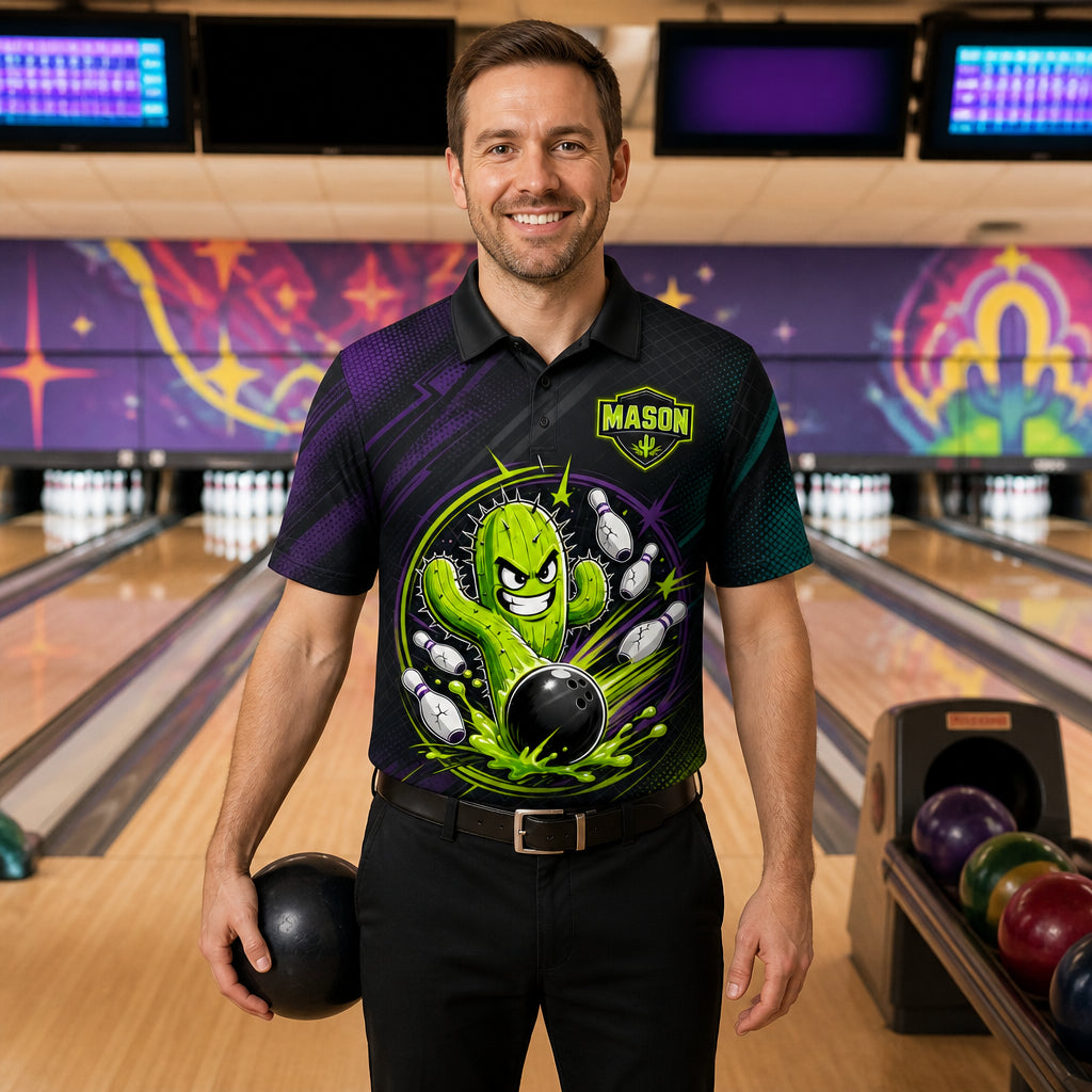 Personalized Cactus Strike Bowling Polo Shirt – Custom Name, All-Over Print