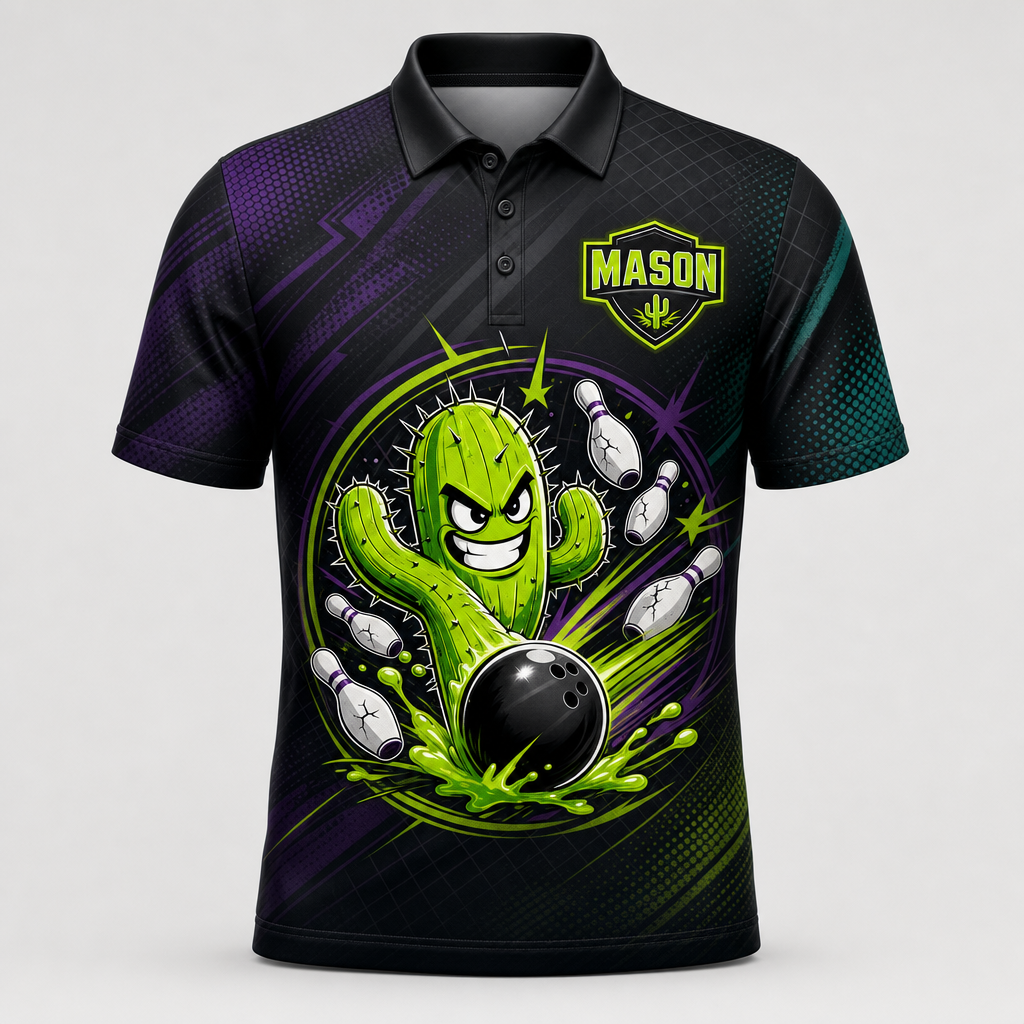 Personalized Cactus Strike Bowling Polo Shirt – Custom Name, All-Over Print