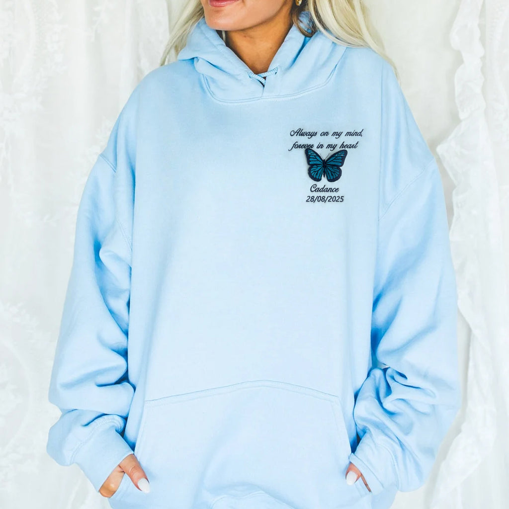 Embroidered Butterfly Memorial Hoodie - Custom Name, Date & Quote Sweatshirt - A Big Piece of My Heart Lives In Heaven
