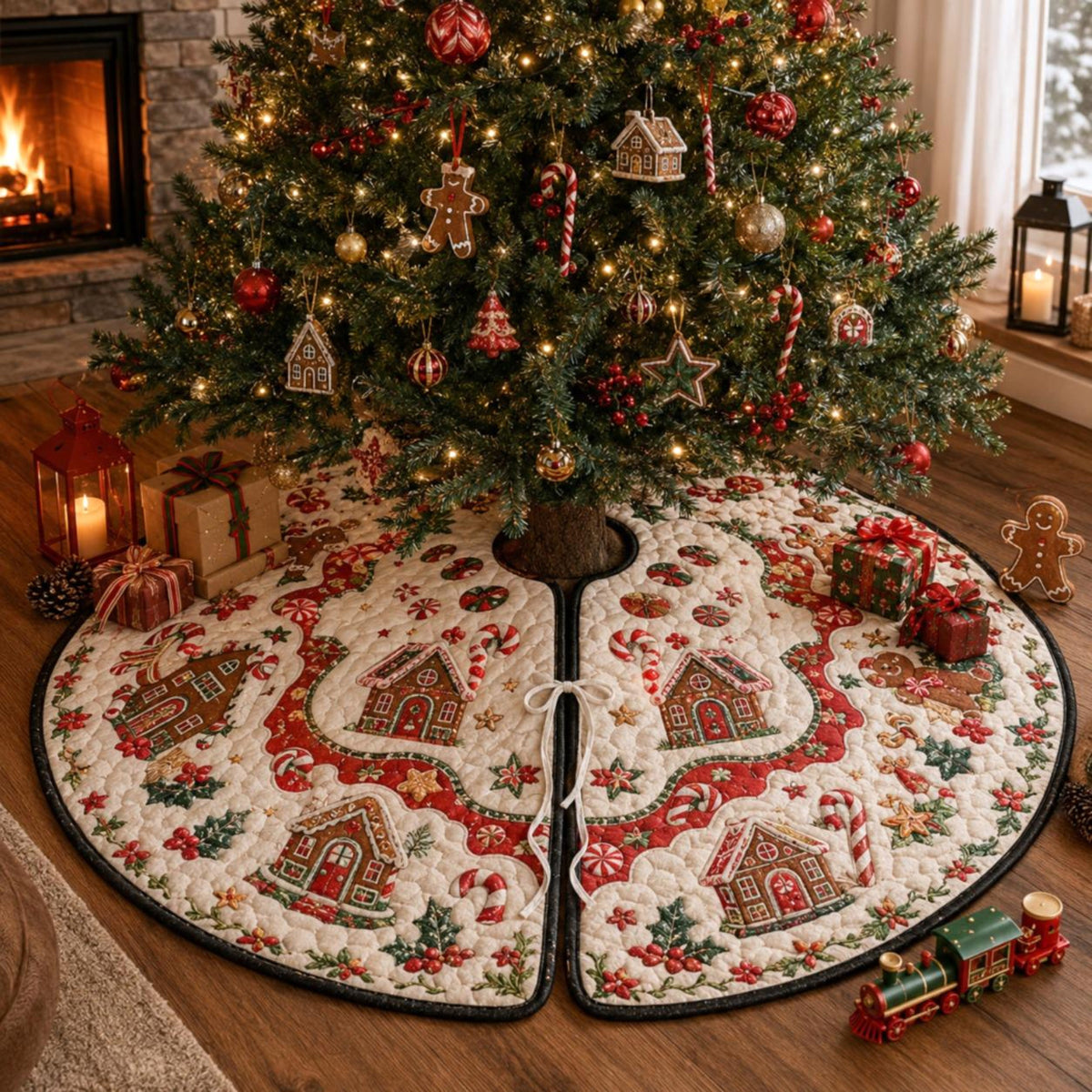 Gingerbread Village Christmas Tree Skirt – Candy Cane & Holly Holiday Decor fc23e35c-43c6-47fe-86f1-d10653fa0942-1.jpg