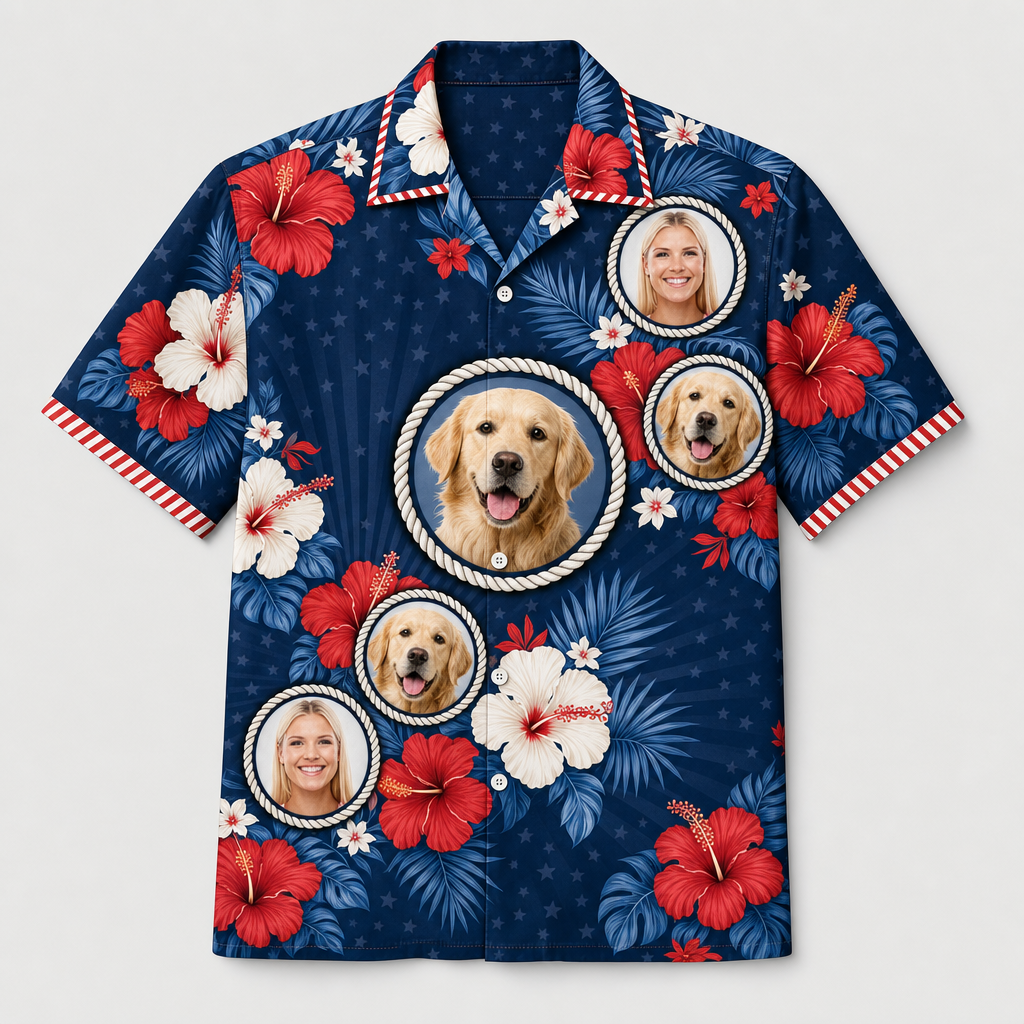 Patriotic Hibiscus Pet Face Hawaiian Shirt - Hero