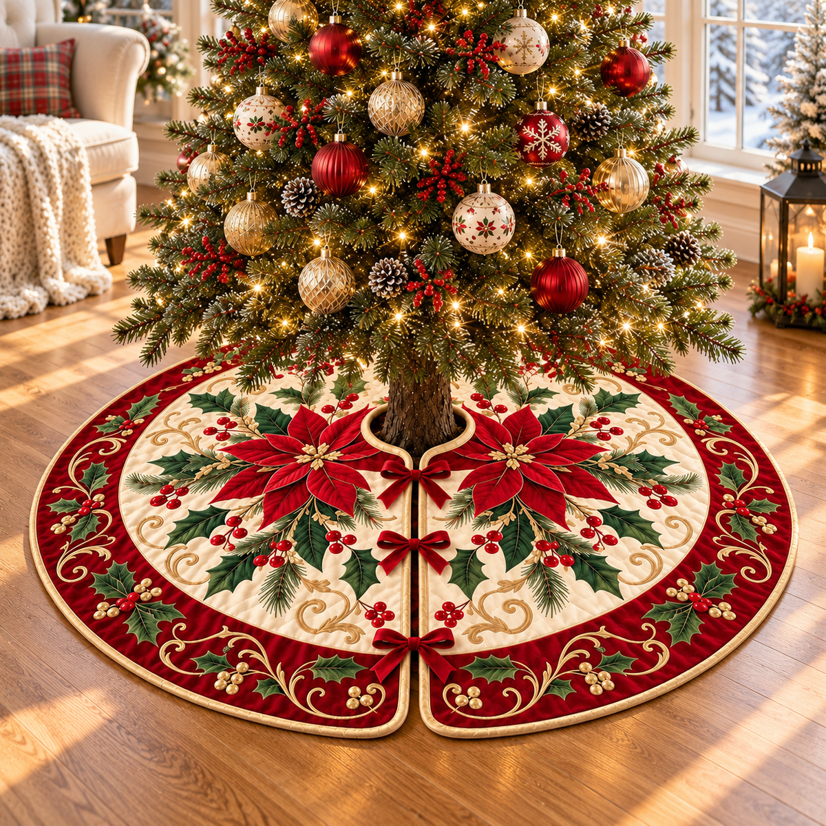 Poinsettia Christmas Tree Skirt, Red and Gold Floral Holiday Decor, Soft Velveteen Tree Stand Cover ff4bdad3-91dd-4bfd-b0bf-3249dccade73-banner-3.png