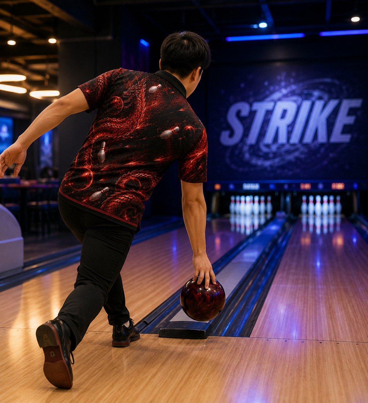 Personalized Fire Dragon Bowling Polo Shirt – Custom Name, All-Over Print