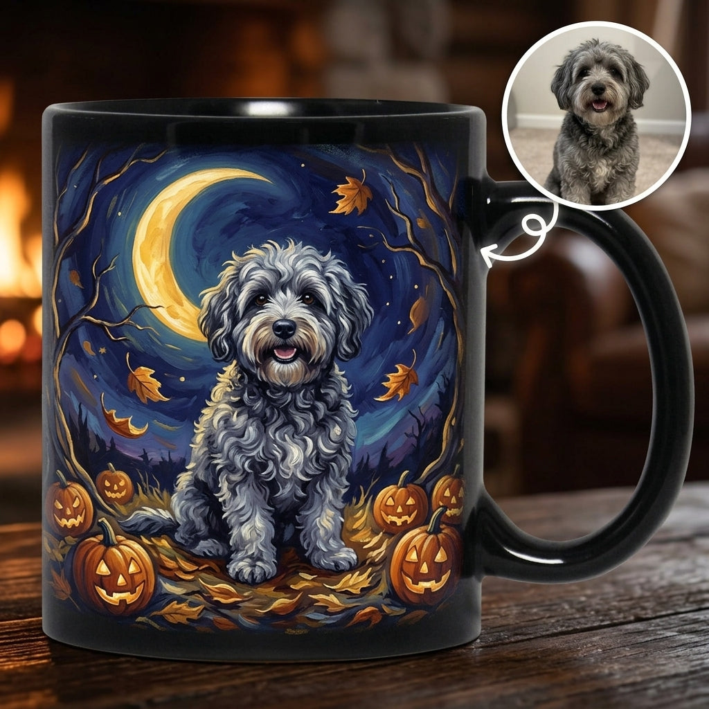 Personalized Dog Photo Halloween Mug – Custom Pet Portrait with Moon and Pumpkins hero-6a71418840f7ac2979075f72.jpg