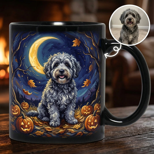 Personalized Dog Photo Halloween Mug – Custom Pet Portrait with Moon and Pumpkins hero-6a71418840f7ac2979075f72.jpg