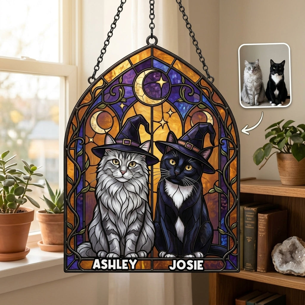 Personalized Halloween Cat Suncatcher – Custom Two Cats Stained Glass Hanging Ornament hero-6a7d73bfcff2a2bb065d9257.jpg