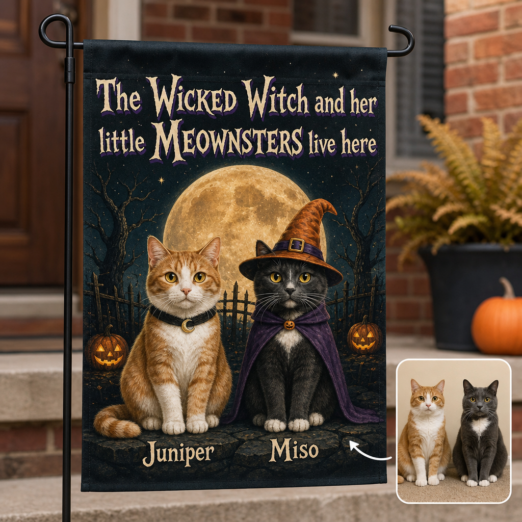 The Wicked Witch and her little MEOWNSTERS live here – Personalized Photo Flag – Halloween Gift hero-6a7e86da09673605f0015aac.png