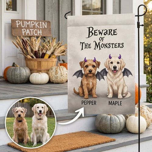 Beware of the Monsters – Personalized Photo Flag – Halloween Gift hero-6a7e86ea09673605f0015aae.jpg
