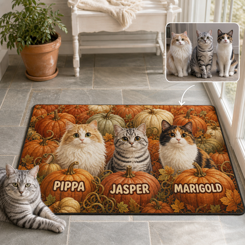 Custom Pet Photo Doormat with Names – Personalized Fall Pumpkin Cat Door Mat hero-6a7e995e1c2e2b8f7d7e552f.png