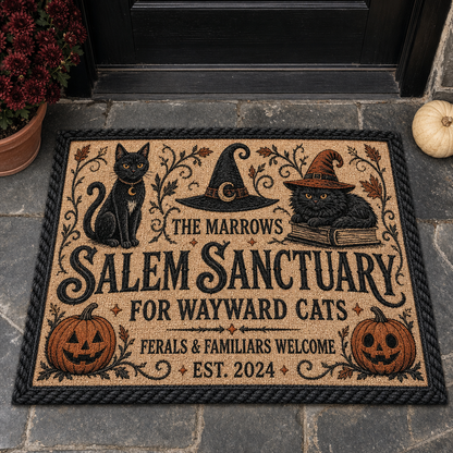 Salem Sanctuary – Personalized Family Name Halloween Doormat – Black Cat Home Decor, Gift hero-6a7eb9f30cfdd978ea02427c.png