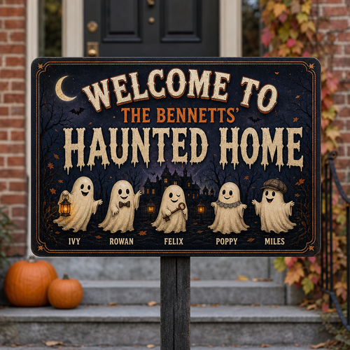 Welcome to Our Haunted Home – Personalized Family Ghost Metal Sign – Halloween Decor hero-6a7ebea4499642cfece3a2da.png