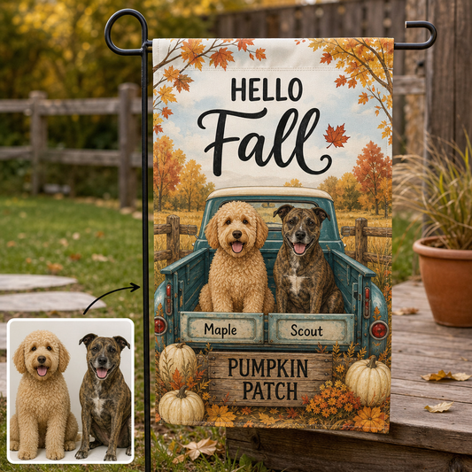 HELLO Fall PUMPKIN PATCH – Personalized Photo Flag – Fall Gift hero-6a7fdf849c539f8713de547a.png