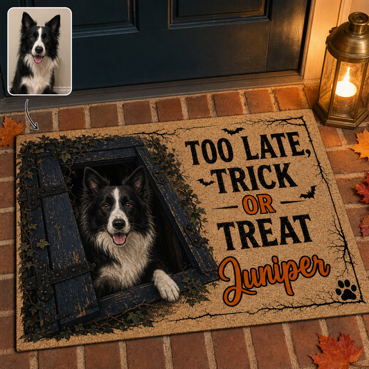 TOO LATE, TRICK OR TREAT Juniper – Personalized Photo Doormat – Halloween Gift hero-6a7fe00f5275944cfb45bfe0.png
