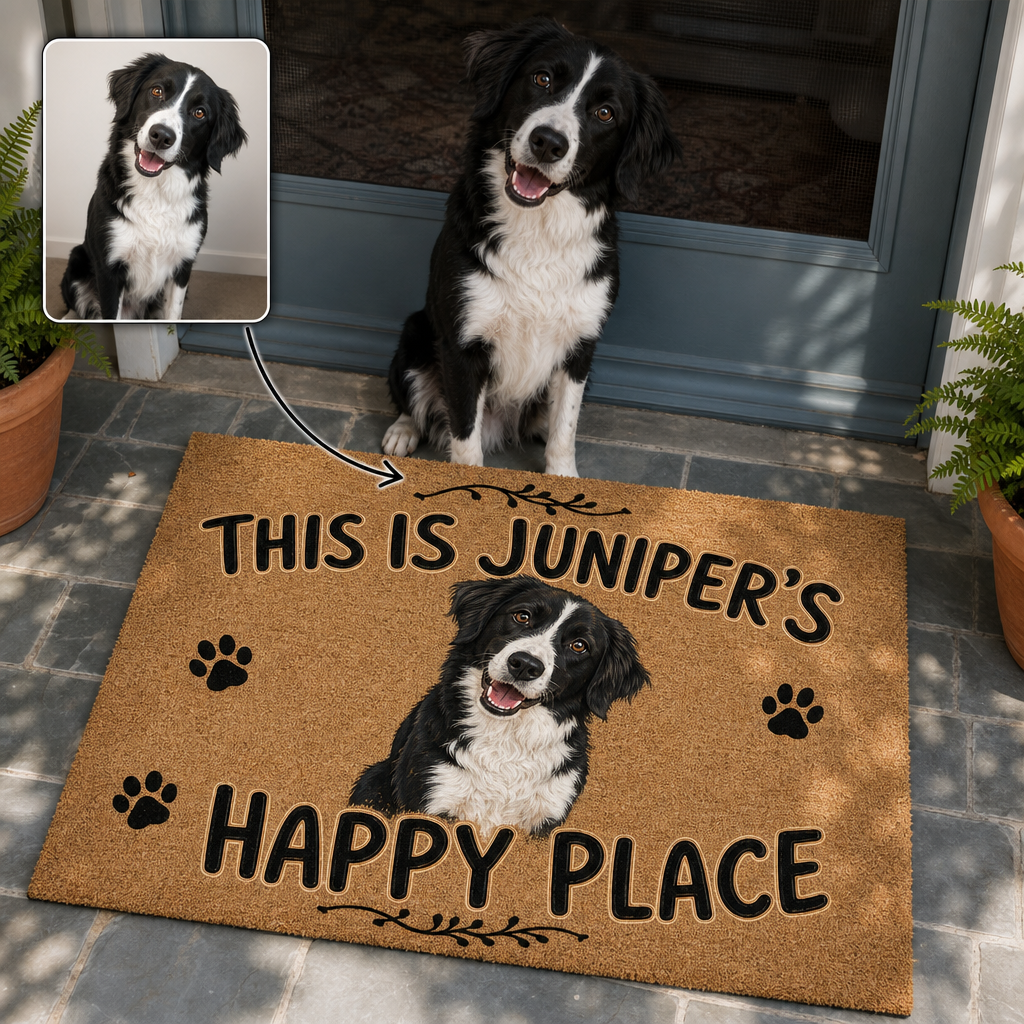 This Is Juniper's Happy Place – Personalized Photo Doormat – Dog Lover Gift hero-6a865dee2614ea18e0129df1.png