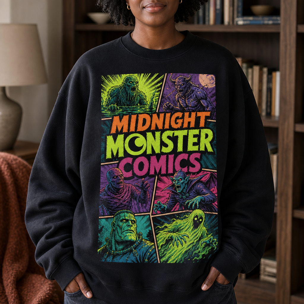 Midnight Monster Comics – Vintage Sweatshirt – Halloween Gift hero-6a865feac81da78f14943016.png