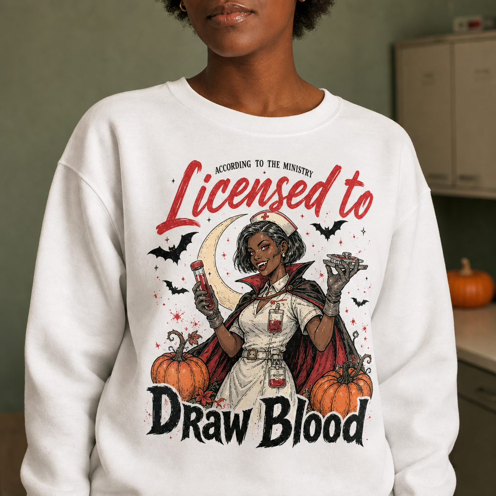 Licensed to Draw Blood Nurse Sweatshirt – Funny Vampire Nurse Halloween Sweater for Spooky Season hero-6a865ff9c81da78f14943018.png