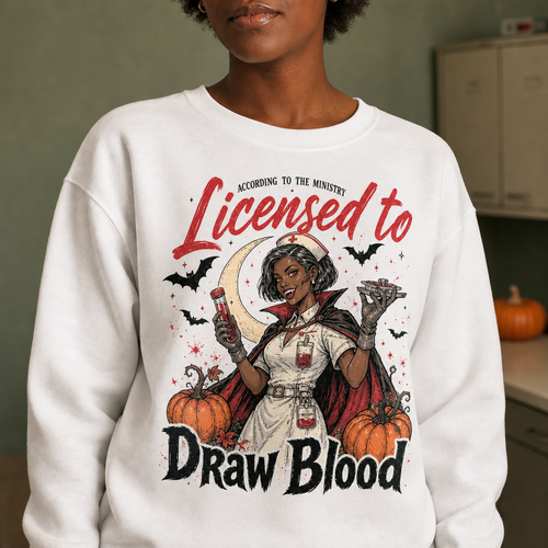 Licensed to Draw Blood Nurse Sweatshirt – Funny Vampire Nurse Halloween Sweater for Spooky Season hero-6a865ff9c81da78f14943018.png