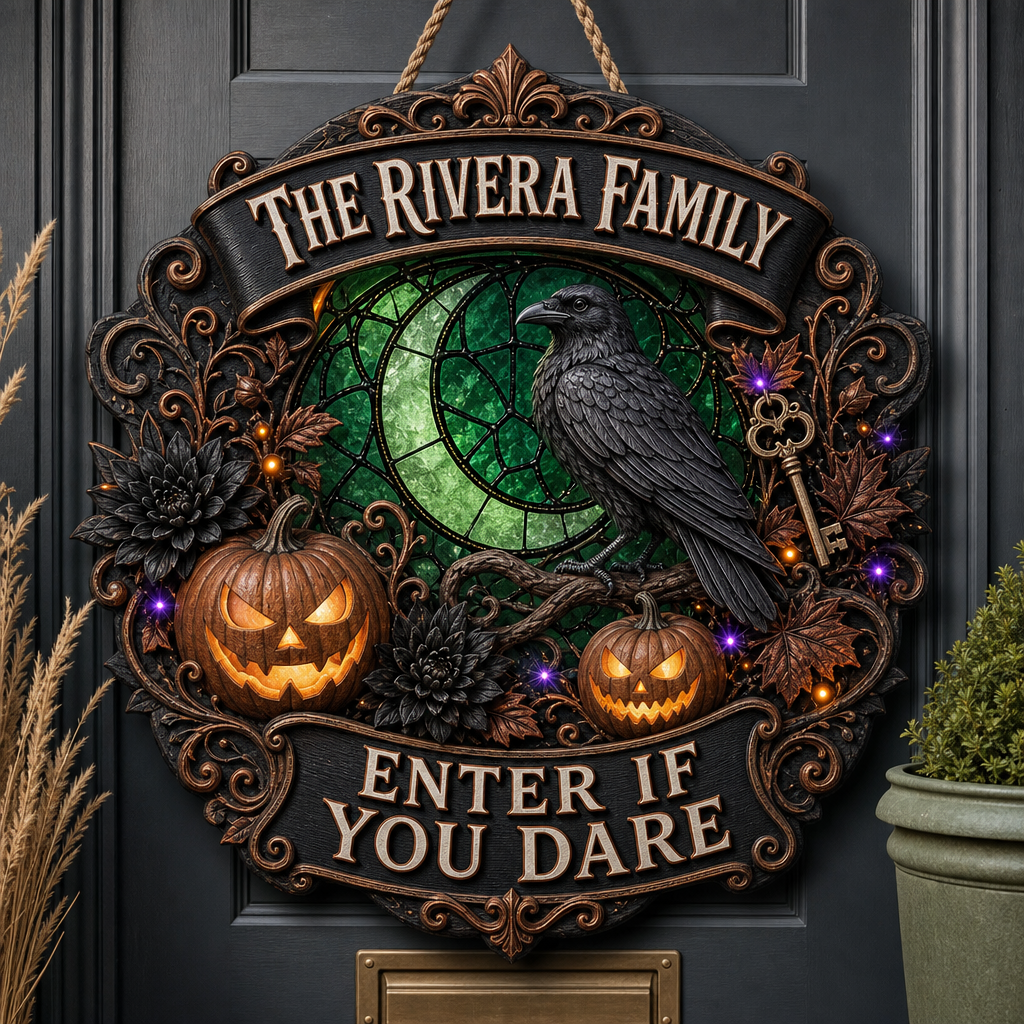 Personalized Raven Halloween Wood Sign – Custom Family Name Gothic Door Hanger, Enter If You Dare Decor hero-6a86603dc81da78f1494301c.png