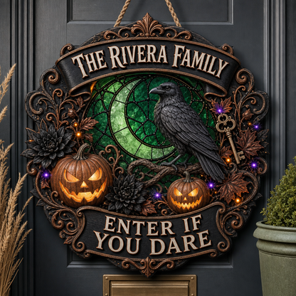 Personalized Raven Halloween Wood Sign – Custom Family Name Gothic Door Hanger, Enter If You Dare Decor hero-6a86603dc81da78f1494301c.png