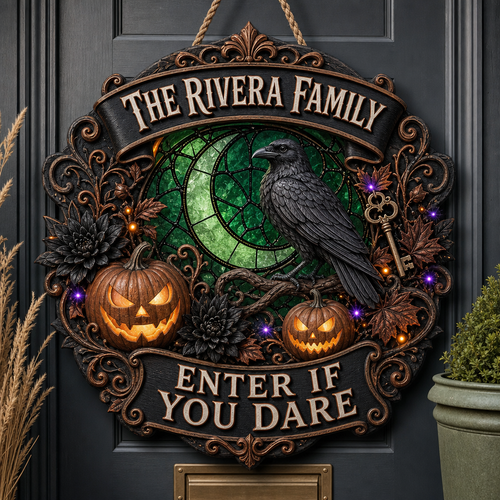 Personalized Raven Halloween Wood Sign – Custom Family Name Gothic Door Hanger, Enter If You Dare Decor hero-6a86603dc81da78f1494301c.png