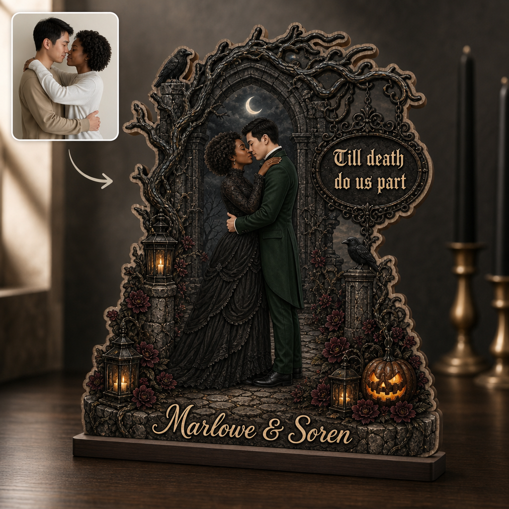 Till death do us part – Personalized Photo 2-Layer Standing Wooden Plaque – Halloween Gift For Couple hero-6a8665505dfdfd133e261cb9.png