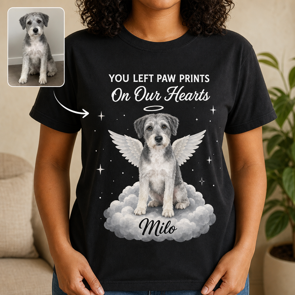 You Left Paw Prints – Personalized Photo T-shirt – Memorial Gift hero-6a86662ee73d3a4e713e1b22.png