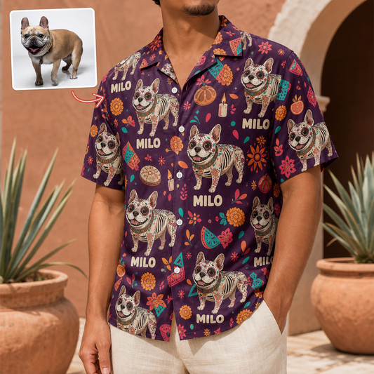 Custom Dia de los Muertos Pet Hawaiian Shirt from Photo – Personalized Dog Name Button Shirt hero-6a8684d9047987608d5d0670.png