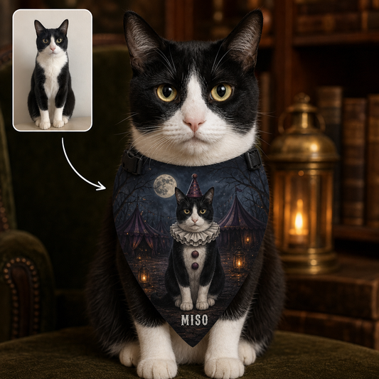 Custom Halloween Pet Bandana from Photo – Personalized Cat Name Gothic Circus Scarf hero-6a86871752872f8de4cf9def.png