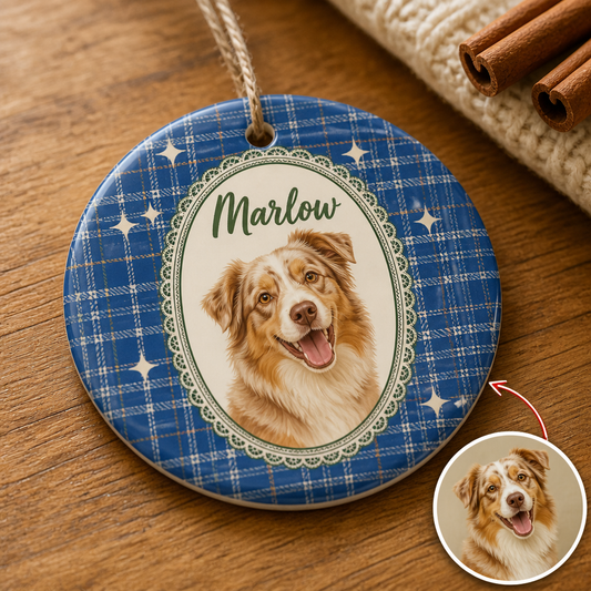 Custom Pet Photo Ceramic Ornament with Name – Personalized Plaid Dog Christmas Gift hero-6a86cfd50a5fa014323c5173.png